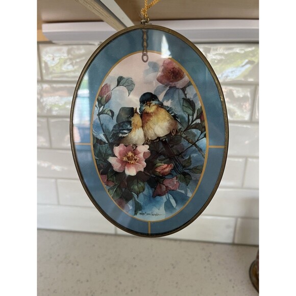 Vtg Via Vermont Bluebirds Glass Art Suncatcher Oval Metal Gold Tone Frame 1994 - Picture 1 of 5